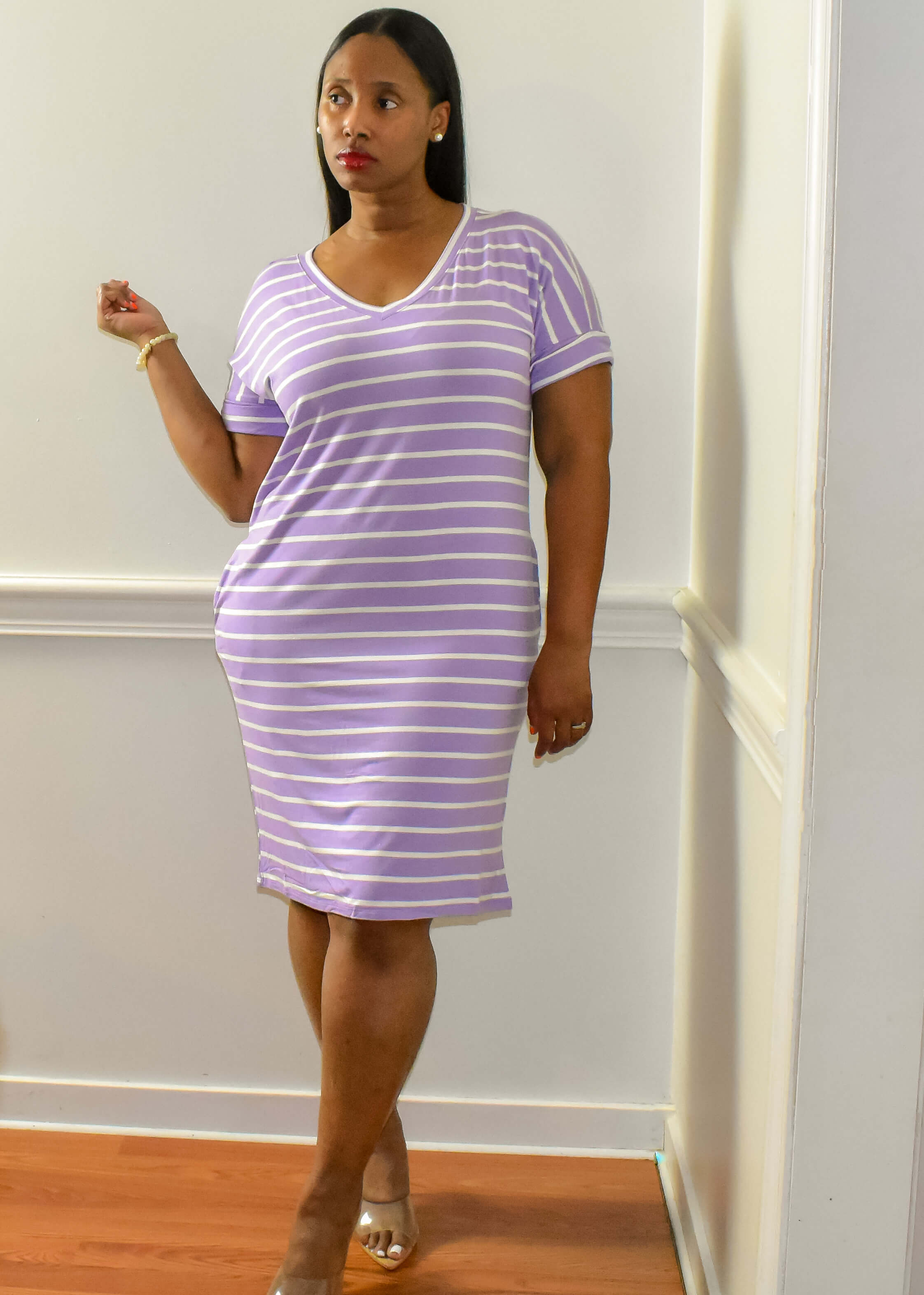 Lavender Stripe Short Sleeve V-Neck Dress