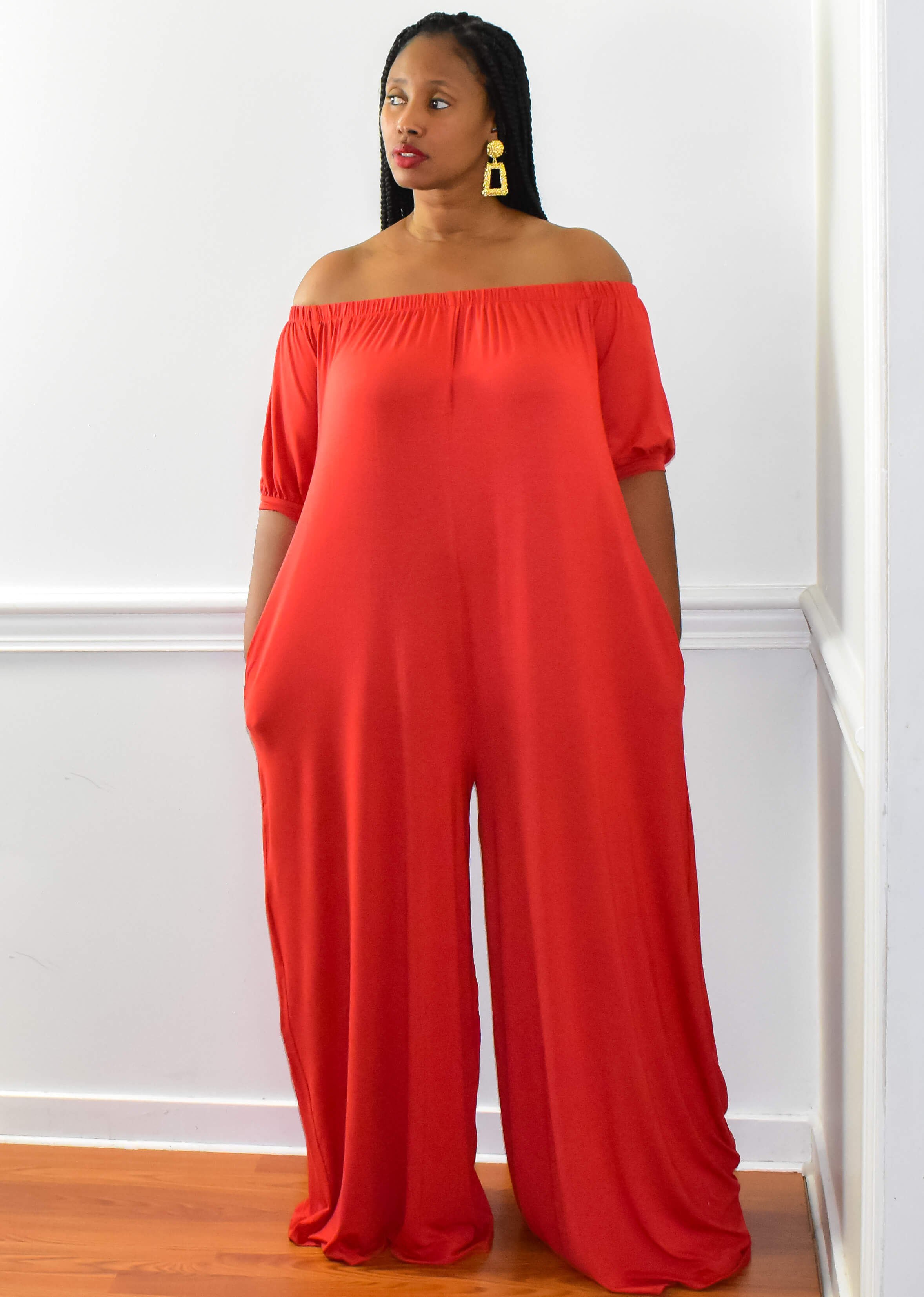 Rust Half Sleeve Off The Shoulder Wide Leg Sundra Jumpsuit